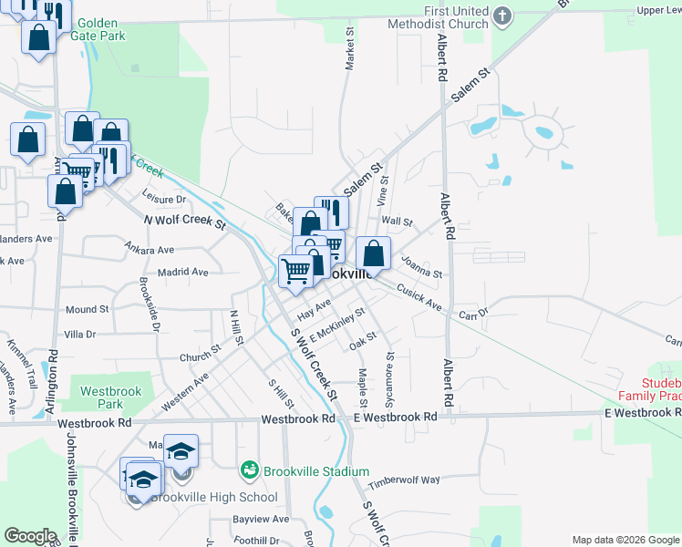 map of restaurants, bars, coffee shops, grocery stores, and more near in Brookville