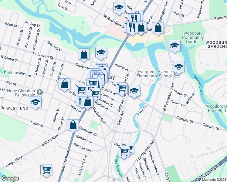 map of restaurants, bars, coffee shops, grocery stores, and more near 57 Cooper Street in Woodbury