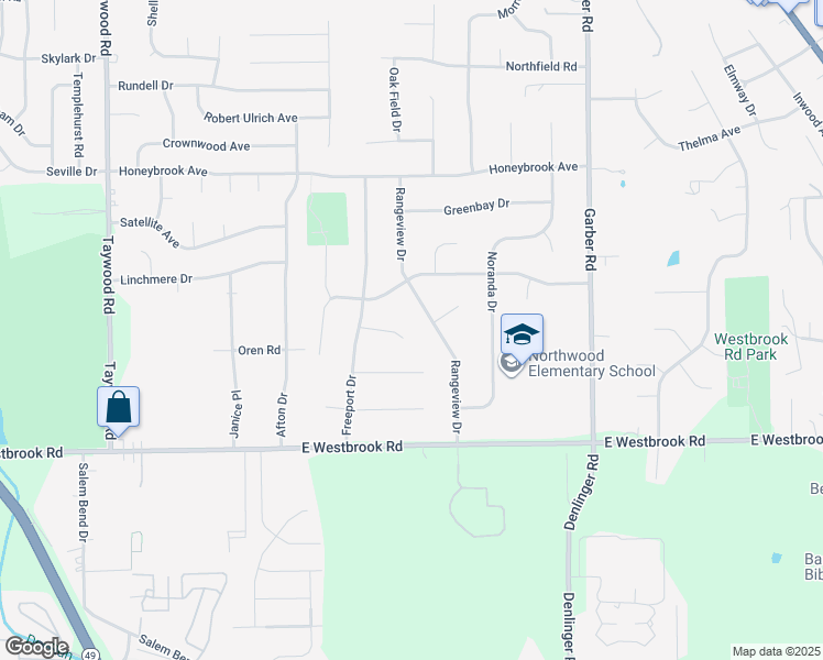 map of restaurants, bars, coffee shops, grocery stores, and more near 4121 Stonewall Circle in Dayton
