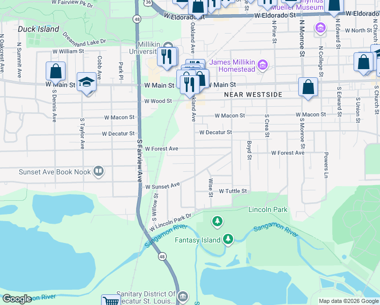 map of restaurants, bars, coffee shops, grocery stores, and more near 1001-1099 W Forest Ave in Decatur