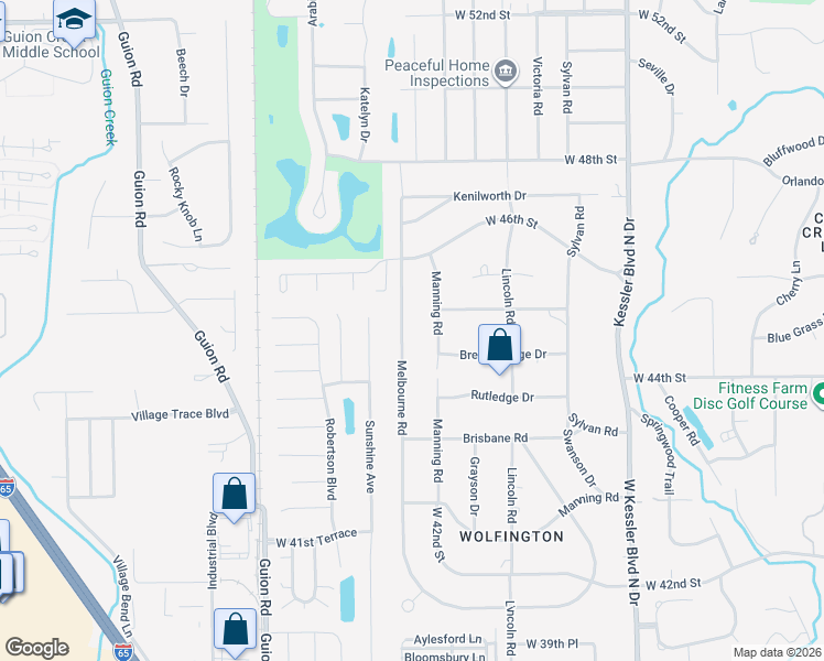 map of restaurants, bars, coffee shops, grocery stores, and more near 4543 Melbourne Road in Indianapolis