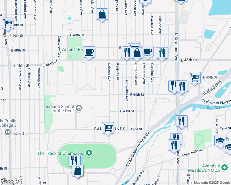 map of restaurants, bars, coffee shops, grocery stores, and more near 4415 Kingsley Drive in Indianapolis