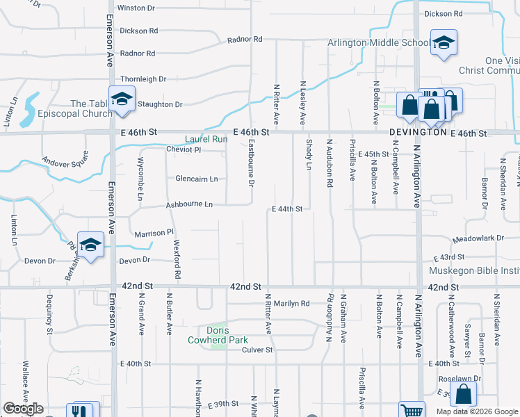 map of restaurants, bars, coffee shops, grocery stores, and more near 4401 Eastbourne Drive in Indianapolis