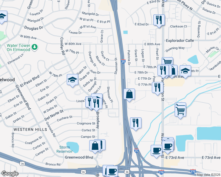 map of restaurants, bars, coffee shops, grocery stores, and more near 7745 Sherman Street in Denver