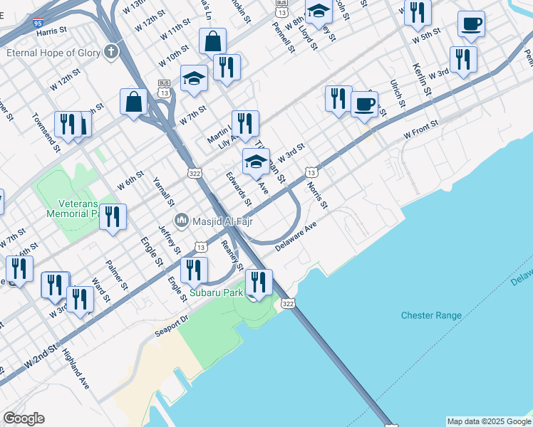 map of restaurants, bars, coffee shops, grocery stores, and more near 122 Baker Street in Chester