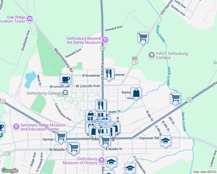 map of restaurants, bars, coffee shops, grocery stores, and more near 27 East Lincoln Avenue in Gettysburg