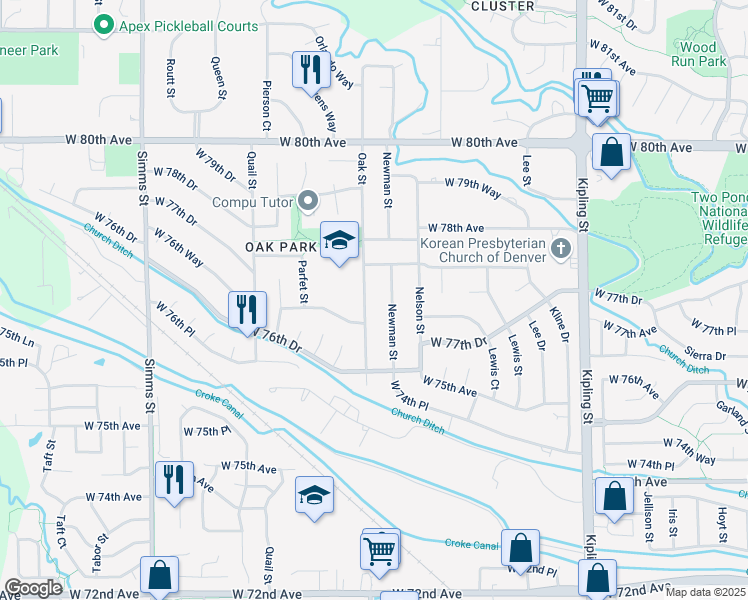 map of restaurants, bars, coffee shops, grocery stores, and more near 7737 Newman Street in Arvada