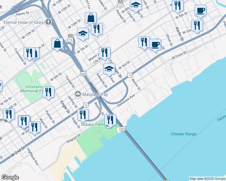 map of restaurants, bars, coffee shops, grocery stores, and more near 1629 West 2nd Street in Chester