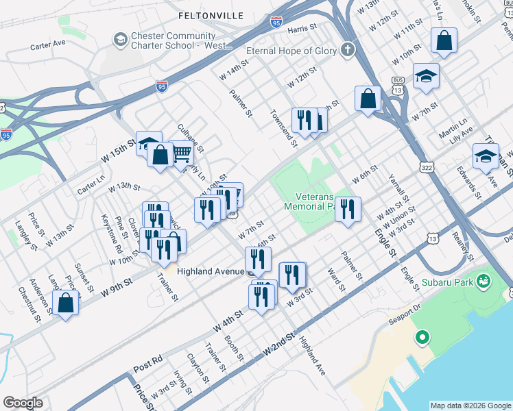 map of restaurants, bars, coffee shops, grocery stores, and more near 2619 West 9th Street in Chester