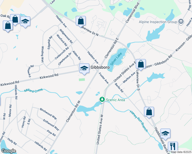 map of restaurants, bars, coffee shops, grocery stores, and more near 23 Clementon Road West in Gibbsboro