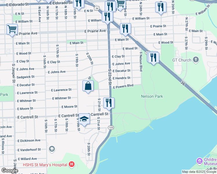 map of restaurants, bars, coffee shops, grocery stores, and more near 600-672 S 22nd St in Decatur