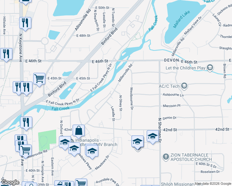 map of restaurants, bars, coffee shops, grocery stores, and more near 4443 Millersville Road in Indianapolis