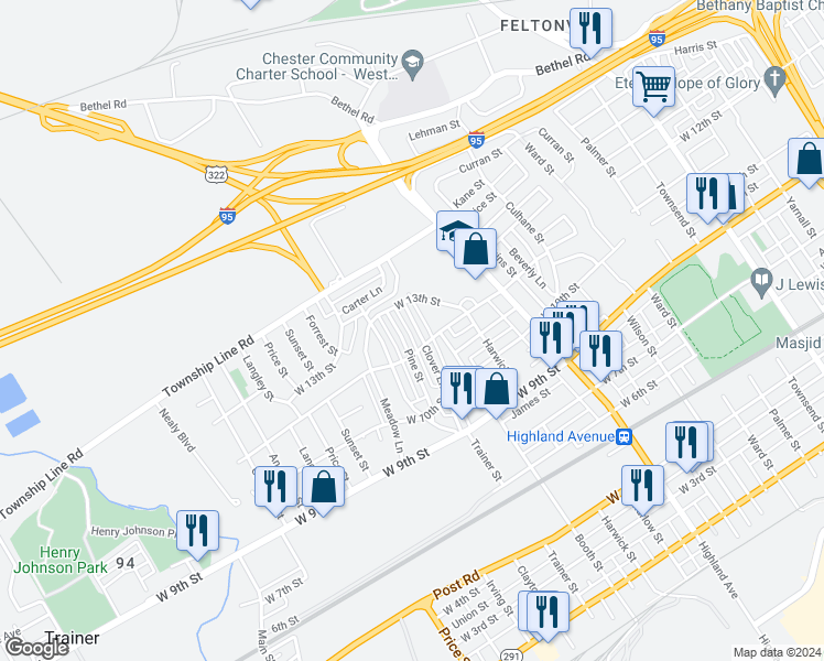 map of restaurants, bars, coffee shops, grocery stores, and more near 1214 Clover Lane in Chester