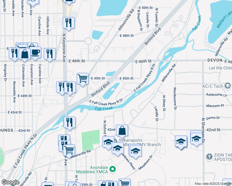 map of restaurants, bars, coffee shops, grocery stores, and more near 4352 Fall Creekway North in Indianapolis