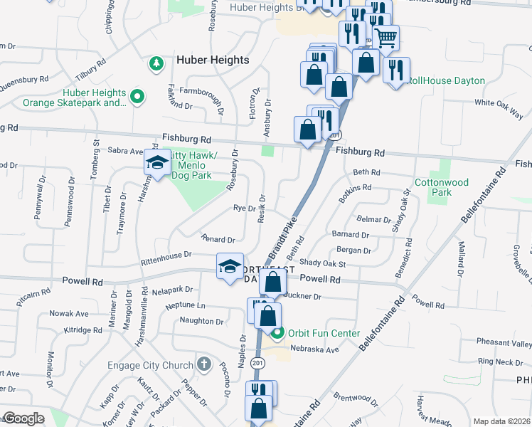 map of restaurants, bars, coffee shops, grocery stores, and more near 5300 Rye Drive in Dayton