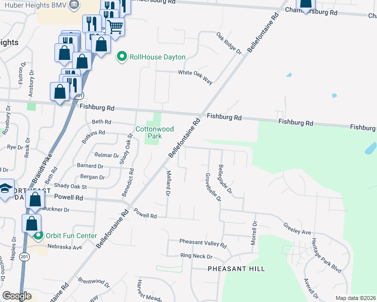 map of restaurants, bars, coffee shops, grocery stores, and more near 6928 Geyser Court in Dayton