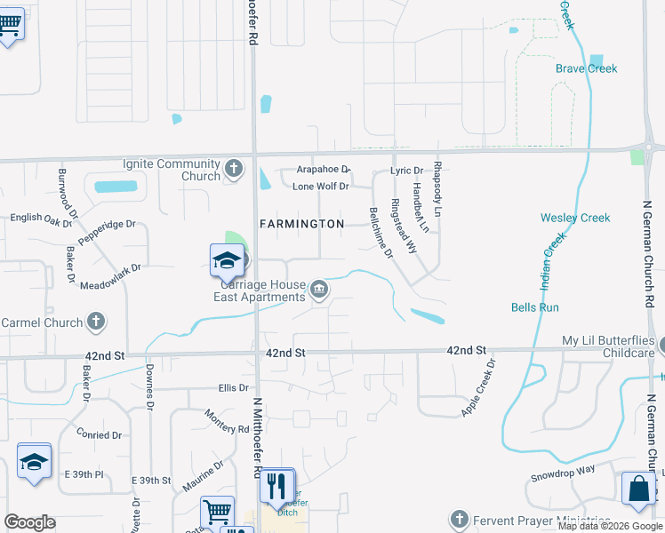 map of restaurants, bars, coffee shops, grocery stores, and more near 10201 Meadowlark Drive in Indianapolis
