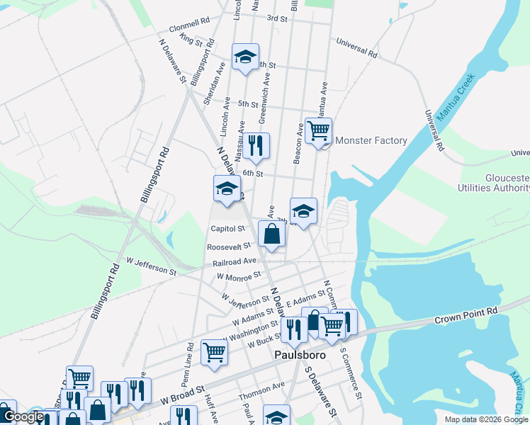 map of restaurants, bars, coffee shops, grocery stores, and more near 645 Greenwich Avenue in Paulsboro