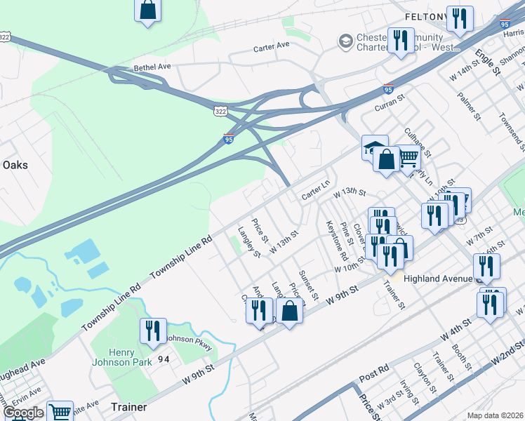 map of restaurants, bars, coffee shops, grocery stores, and more near 1360 Sunset Street in Trainer