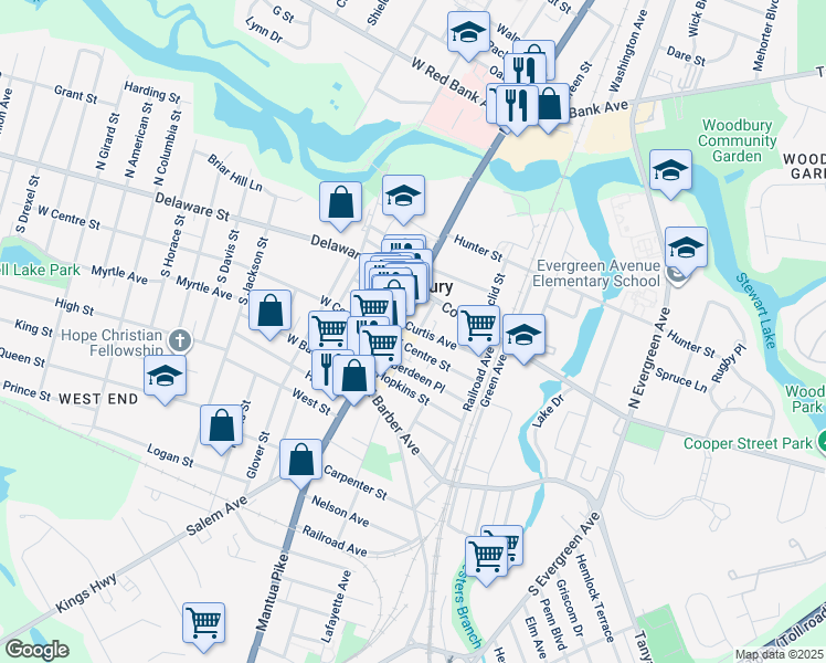 map of restaurants, bars, coffee shops, grocery stores, and more near 13 Curtis Avenue in Woodbury