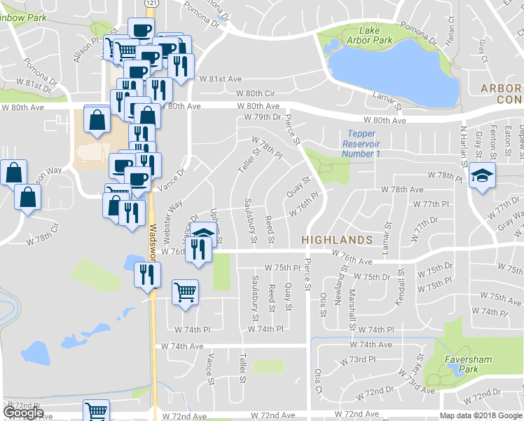 map of restaurants, bars, coffee shops, grocery stores, and more near 7685 Reed Street in Arvada
