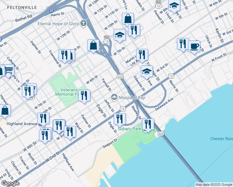 map of restaurants, bars, coffee shops, grocery stores, and more near 1960 West Union Street in Chester