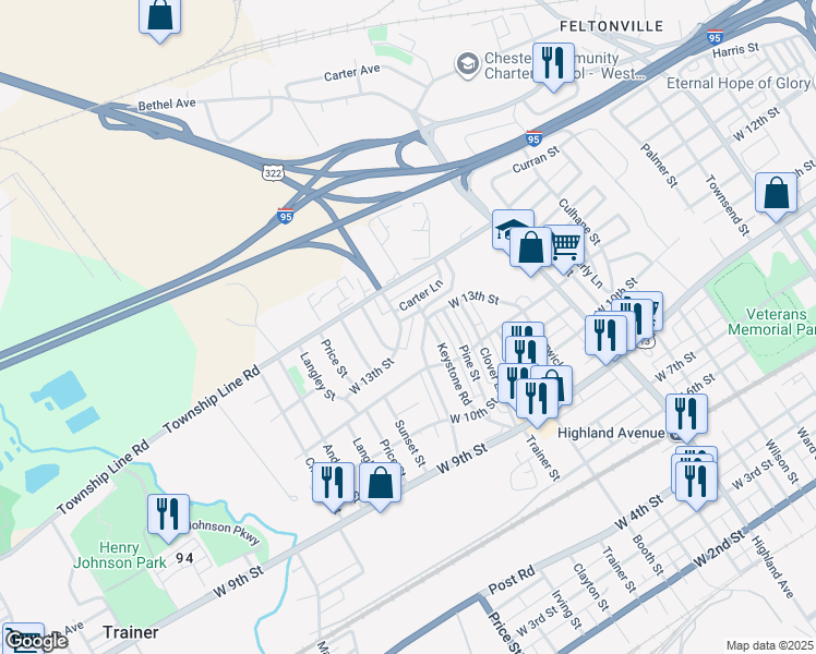 map of restaurants, bars, coffee shops, grocery stores, and more near 1313 Renshaw Road in Chester