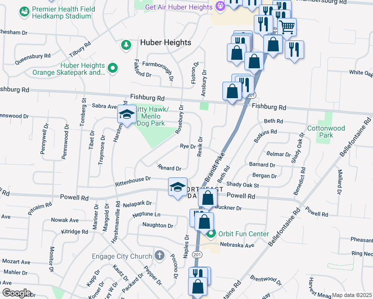 map of restaurants, bars, coffee shops, grocery stores, and more near 5739 Rousseau Drive in Dayton