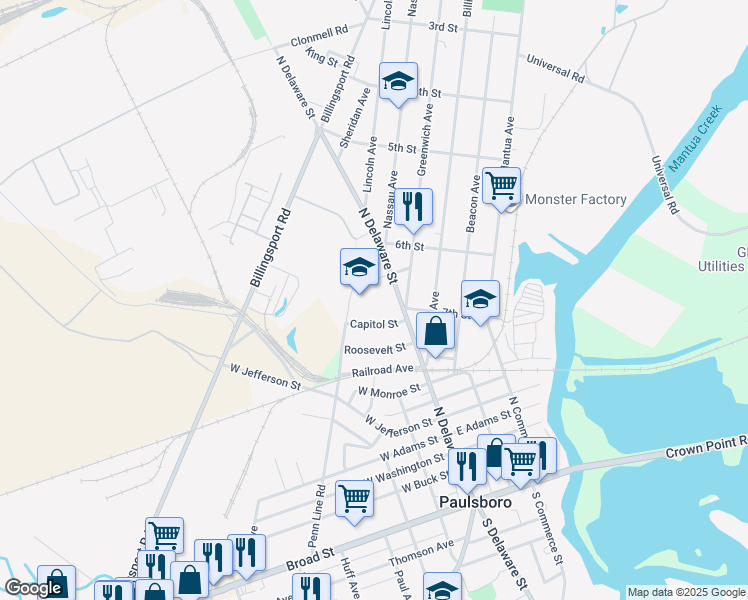 map of restaurants, bars, coffee shops, grocery stores, and more near 670 North Delaware Street in Paulsboro