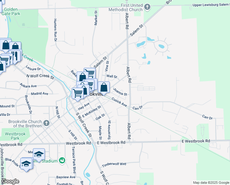 map of restaurants, bars, coffee shops, grocery stores, and more near 232 Joanna Street in Brookville