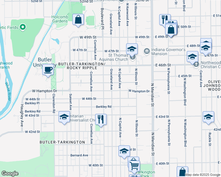 map of restaurants, bars, coffee shops, grocery stores, and more near 240 West Hampton Drive in Indianapolis
