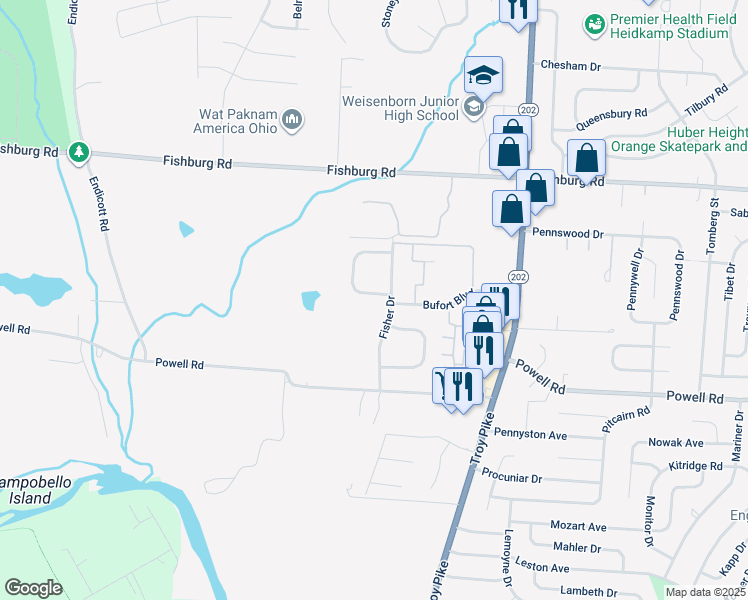 map of restaurants, bars, coffee shops, grocery stores, and more near 4516 Waynedale Circle in Dayton