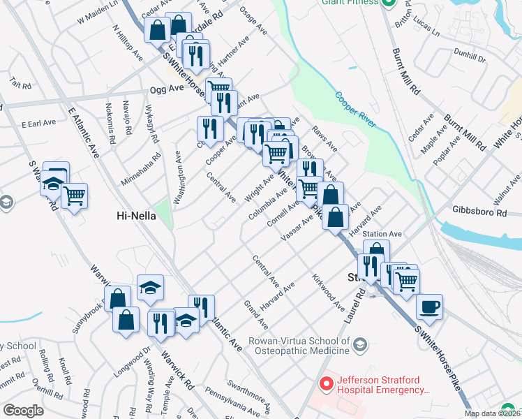map of restaurants, bars, coffee shops, grocery stores, and more near Columbia Avenue & North Kirkwood Avenue in Stratford