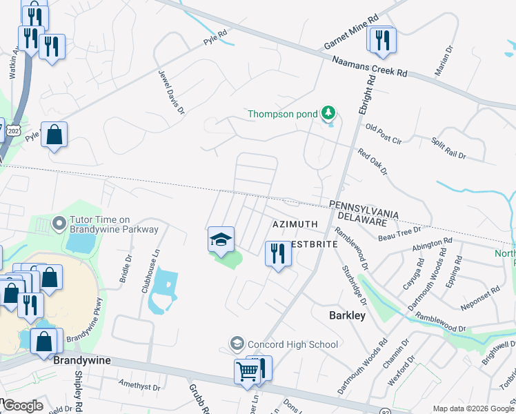 map of restaurants, bars, coffee shops, grocery stores, and more near 606 Canter Road in Wilmington