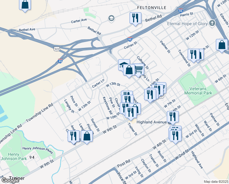 map of restaurants, bars, coffee shops, grocery stores, and more near 1213 Clover Lane in Chester