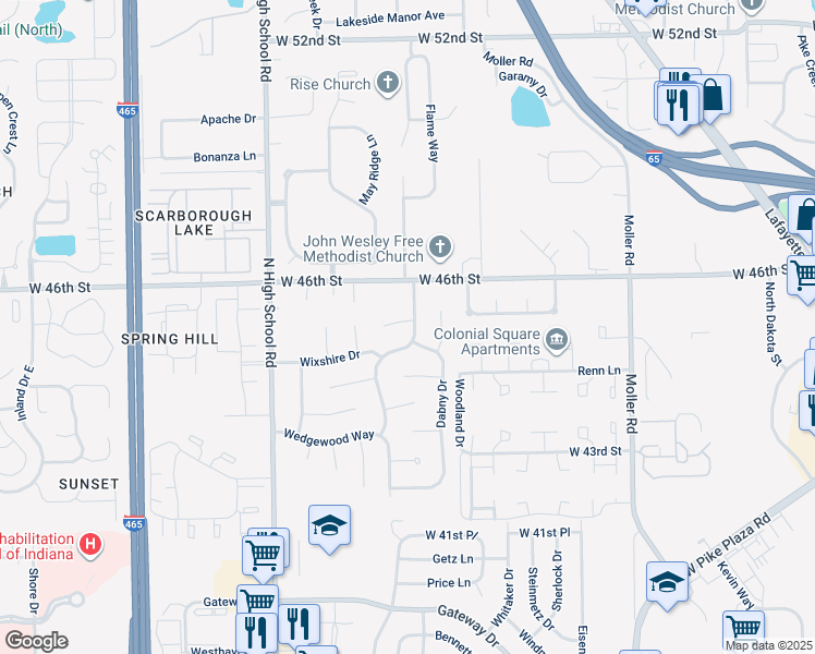 map of restaurants, bars, coffee shops, grocery stores, and more near 5921 Wixson Court in Indianapolis