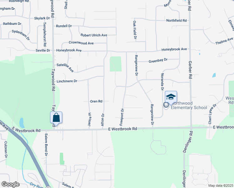 map of restaurants, bars, coffee shops, grocery stores, and more near 4240 Willow Creek Drive in Dayton