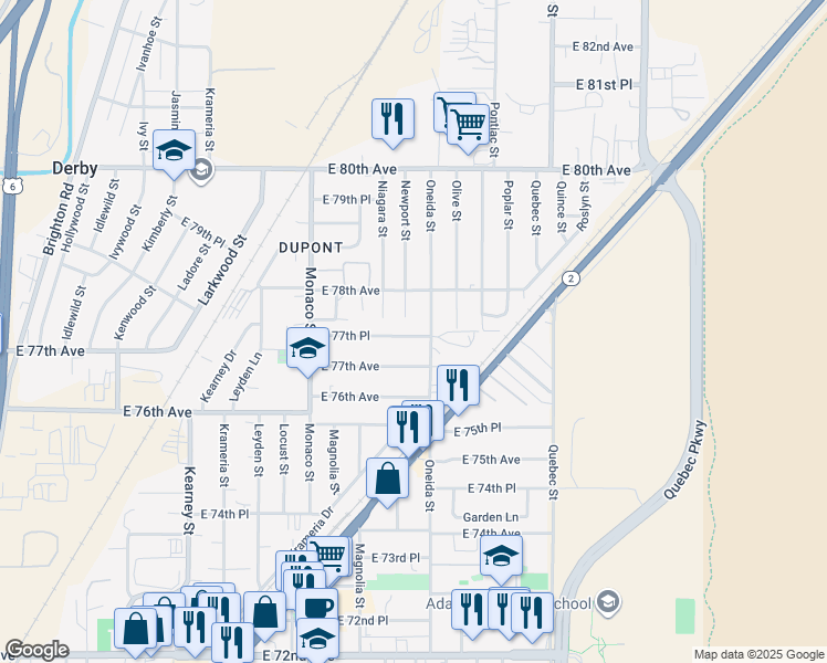 map of restaurants, bars, coffee shops, grocery stores, and more near 6851 East 77th Place in Commerce City