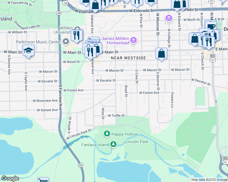 map of restaurants, bars, coffee shops, grocery stores, and more near 503 South Haworth Avenue in Decatur