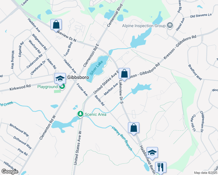 map of restaurants, bars, coffee shops, grocery stores, and more near 20 York Avenue in Gibbsboro
