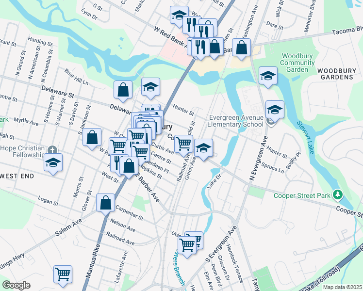 map of restaurants, bars, coffee shops, grocery stores, and more near 57 Cooper Street in Woodbury