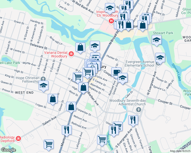 map of restaurants, bars, coffee shops, grocery stores, and more near 16 Curtis Avenue in Woodbury