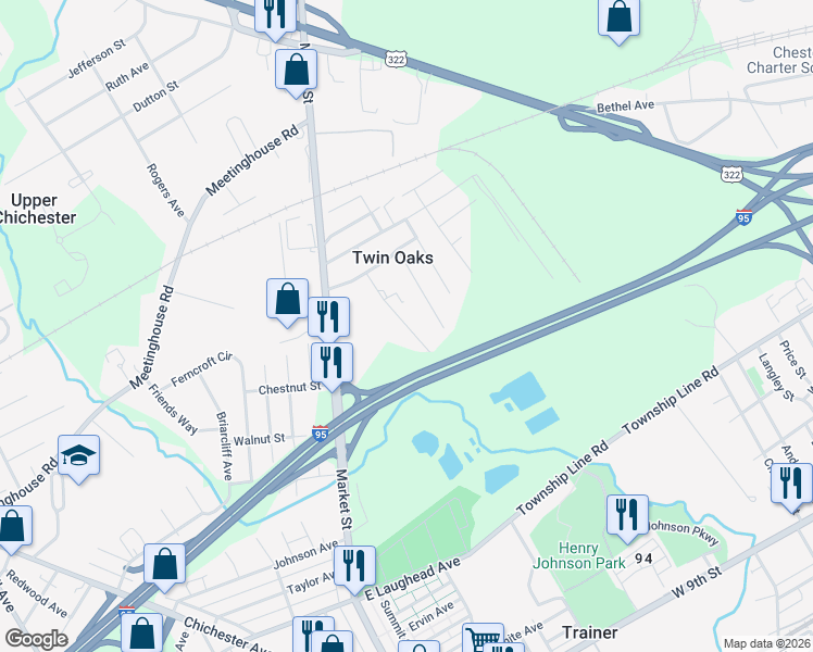 map of restaurants, bars, coffee shops, grocery stores, and more near 2361 Thomas Avenue in Aston