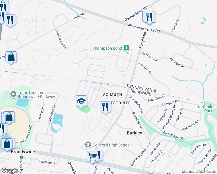 map of restaurants, bars, coffee shops, grocery stores, and more near 27 South Ellis Road in Wilmington
