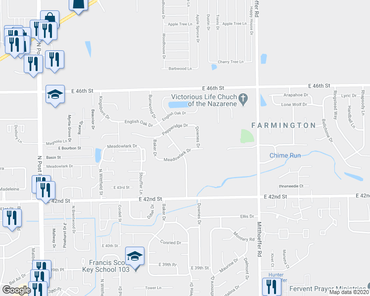 map of restaurants, bars, coffee shops, grocery stores, and more near 4325 Burrwood Drive in Indianapolis