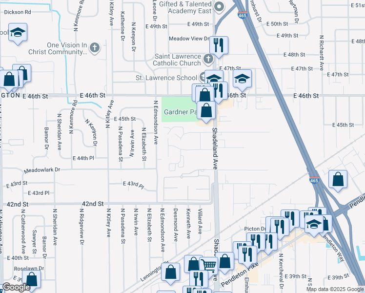 map of restaurants, bars, coffee shops, grocery stores, and more near 6830 Mill View Drive in Indianapolis