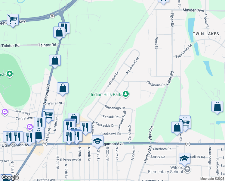 map of restaurants, bars, coffee shops, grocery stores, and more near 2500 Arrowhead Drive in Springfield