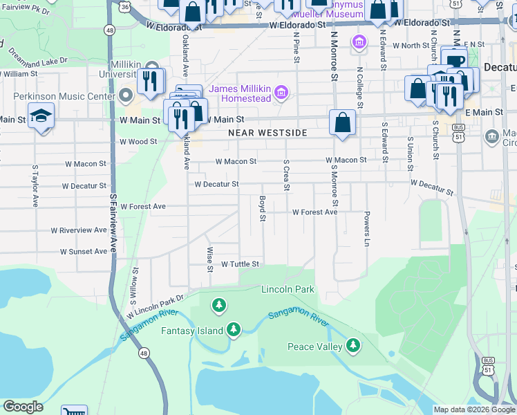 map of restaurants, bars, coffee shops, grocery stores, and more near 471 Boyd Street in Decatur