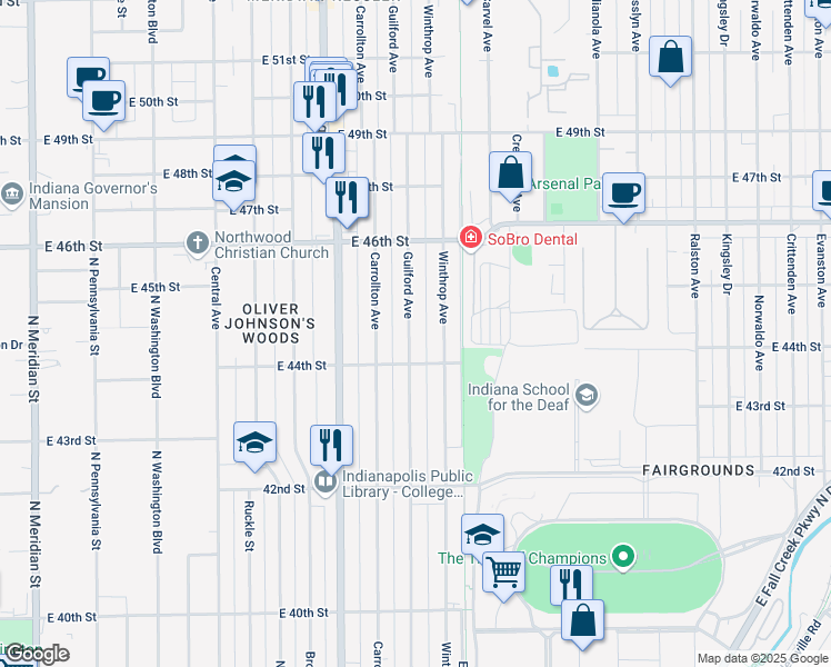 map of restaurants, bars, coffee shops, grocery stores, and more near 4429 Guilford Avenue in Indianapolis