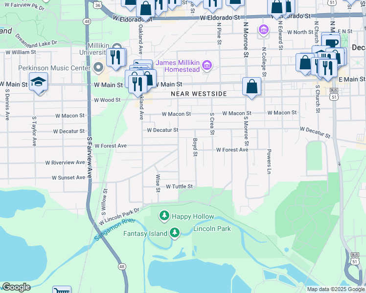 map of restaurants, bars, coffee shops, grocery stores, and more near 503 South Haworth Avenue in Decatur